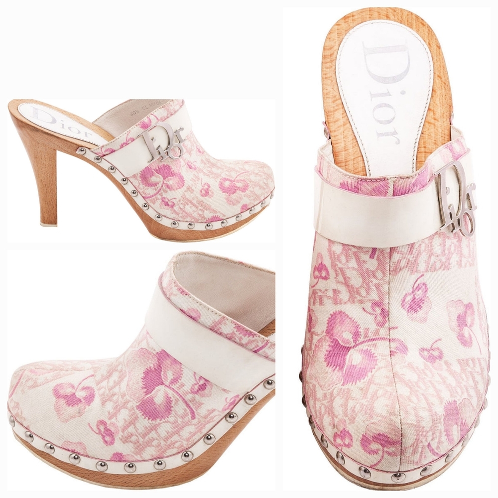 Dior Pink Floral Canvas Studded Wood-Heel Clogs - Picture 2 of 9